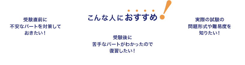 こんな人におすすめ！ 受験直前に不安なパートを対策しておきたい！受験後に苦手なパートがわかったので復習したい！実際のv試験の問題形式や難易度を知りたい！